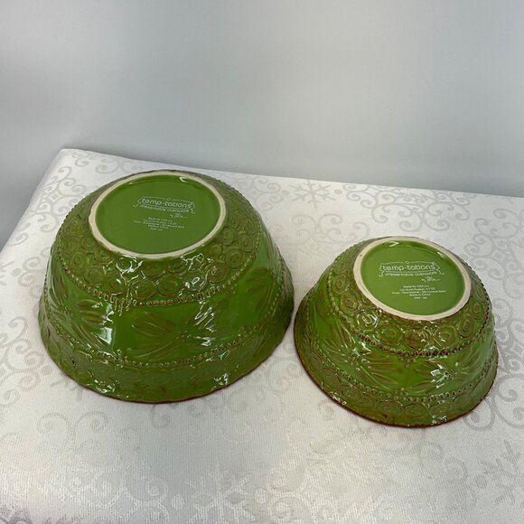 Temptations Old World Rustic Green Mixing Bowls Set Of Two Durable Embossed Oven - Picture 6 of 10